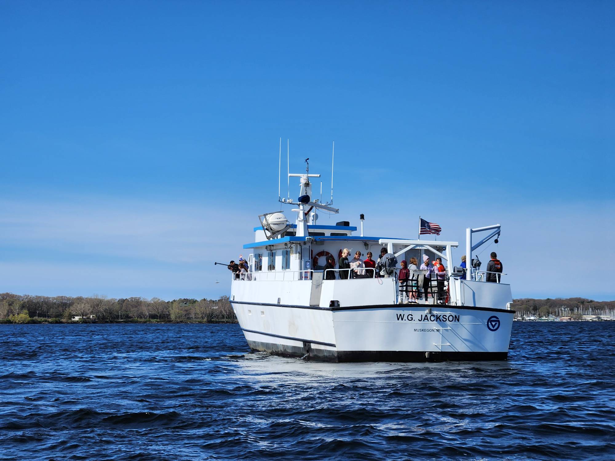 The W.G. Jackson research vessel sails on Muskegon Lake
